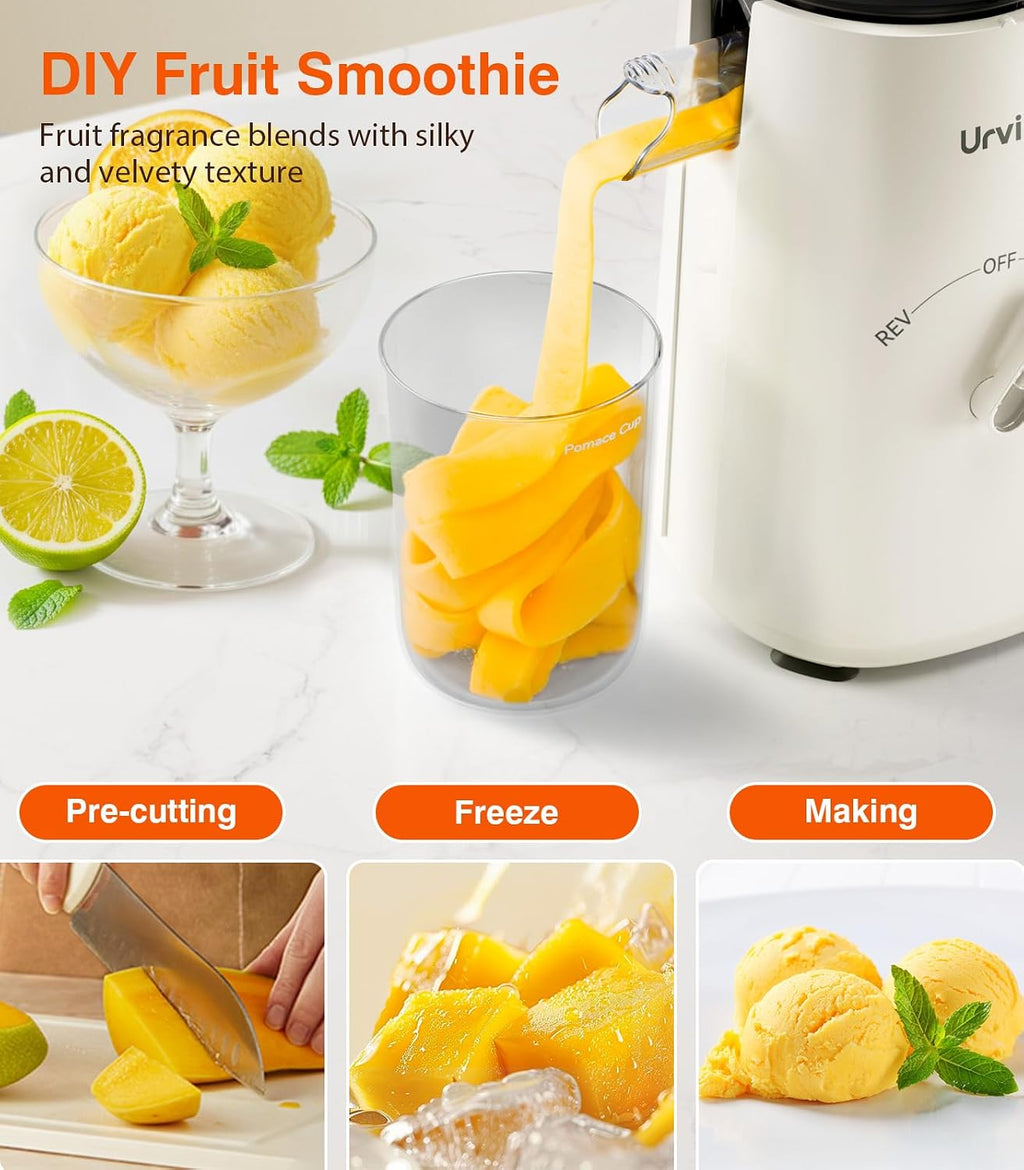 Juicer Machines, 2-in-1 Cold Press Juicer for Juice & Sorbet, suit for Vegetable and Fruit with 5-Inch Wide Chute, Powerful Masticating//High-Yield High Nutrients/Rev Mode/Easier Clean (White)