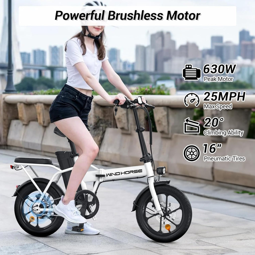RIDWIND 16' Folding Electric Bike Adults, Peak 630W Adult Electric Bicycles, Up to 25 MPH and 35 Miles Foldable Ebikes, Electric Bike for Teens with 36V 8Ah Removable Battery, UL2849 Certificate
