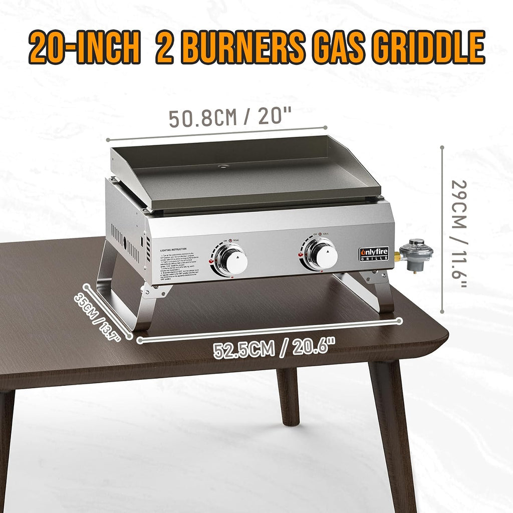 ONLYFIRE GRILLS Tabletop Gas Griddle 2-Burner, Portable Propane Gas Flat Top Griddle 252 SQ.IN Cooking Area, Outdoor Barbecue Stove for Patio BBQ Camping Tailgating RV, Stainless Steel, Classic GS319
