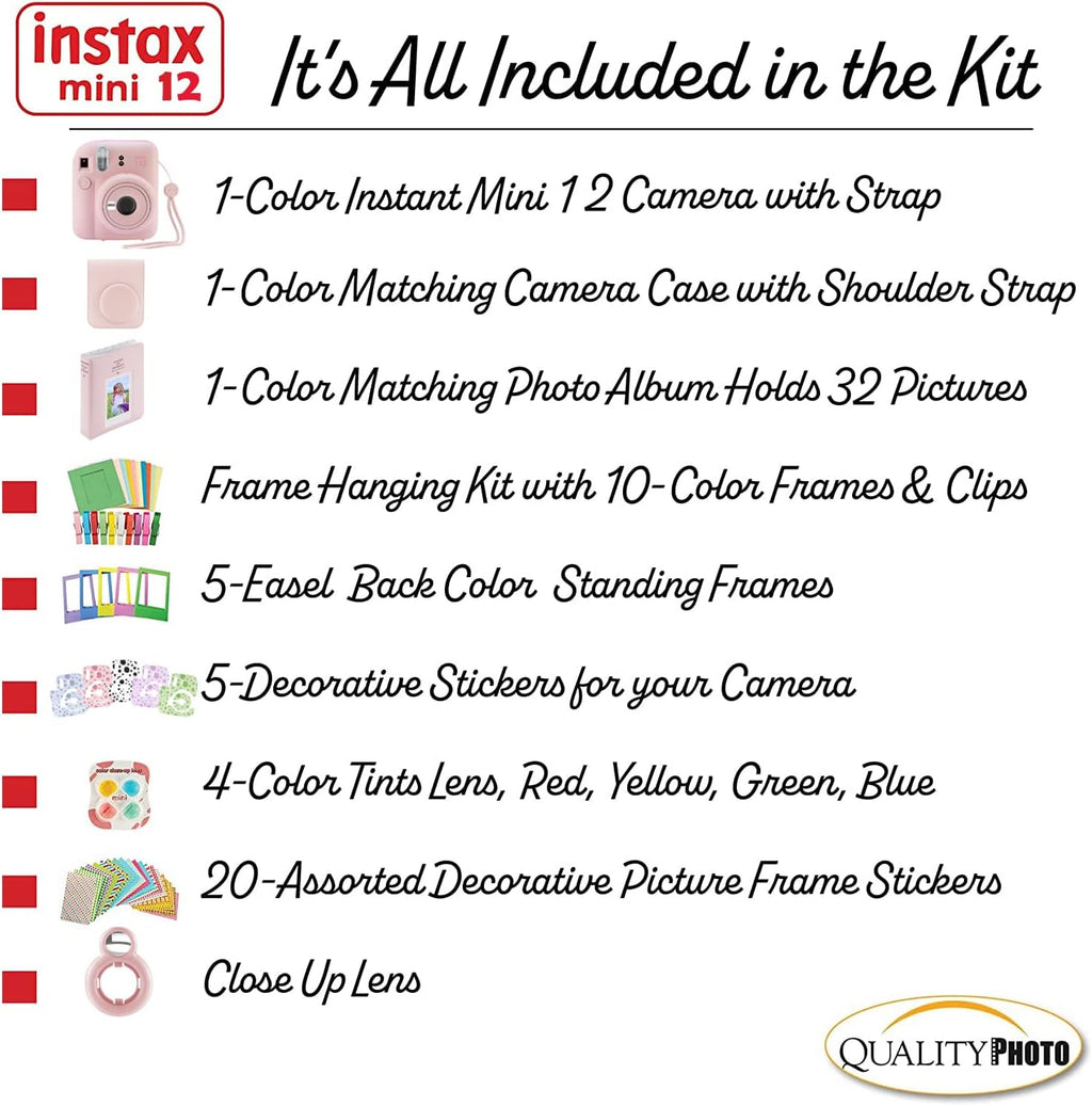 Fujifilm Instax Mini 12 Instant Camera with Case, Decoration Stickers, Frames, Photo Album and More Accessory kit (Blossom Pink)…