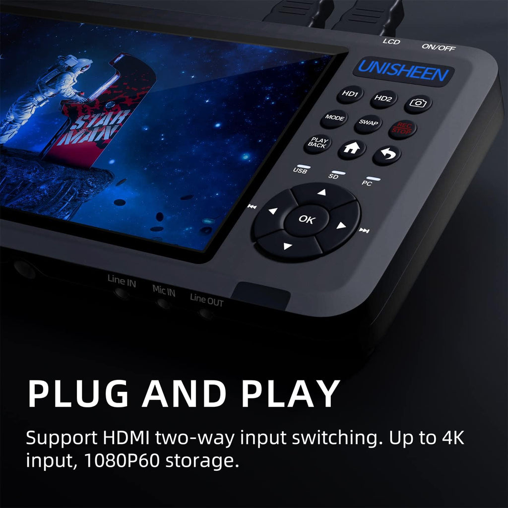 4K60 Video Capture Box-2 Channel HDMI Input with PIP/POP/PMP,Video Recorder with Screen 7 in,Compatible with Consoles, Cameras, Set-Top Boxes, PCs, 4K TVs, Projectors, Monitors