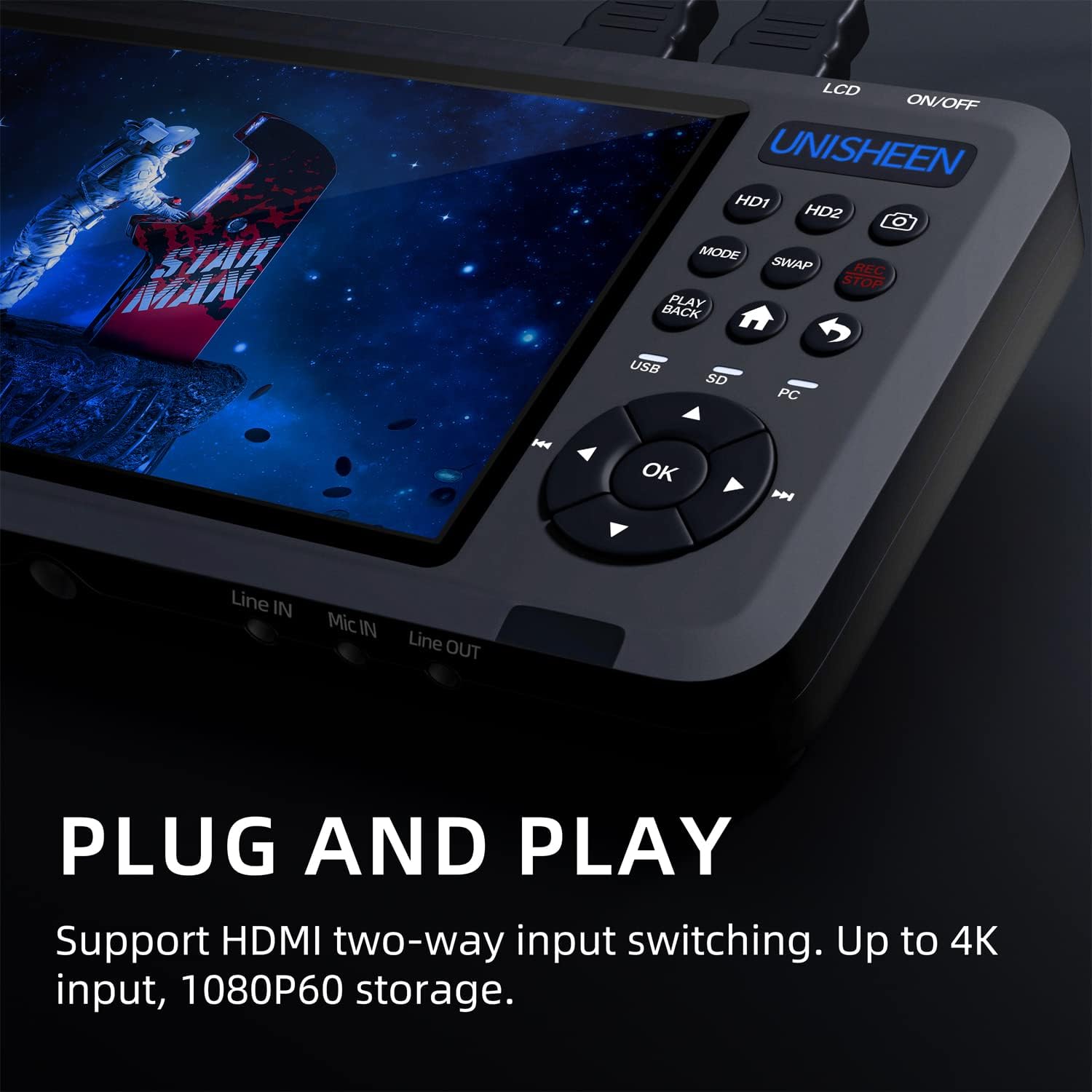 4K60 Video Capture Box-2 Channel HDMI Input with PIP/POP/PMP,Video Recorder with Screen 7 in,Compatible with Consoles, Cameras, Set-Top Boxes, PCs, 4K TVs, Projectors, Monitors