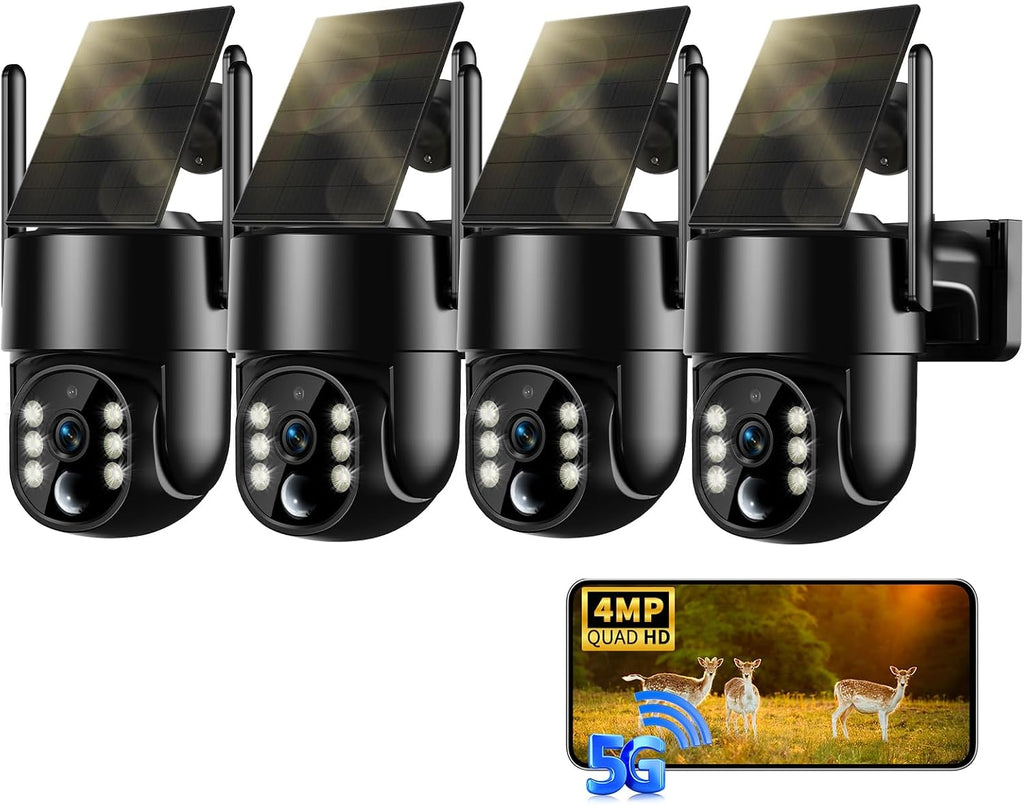 Solar Security Cameras Wireless Outdoor, 2K 4MP Security Cameras Battery Powered PTZ WiFi Camera, Color Night Vision, 2-Way Talk, PIR Motion Detection for Home Security (Black 4 Pack)