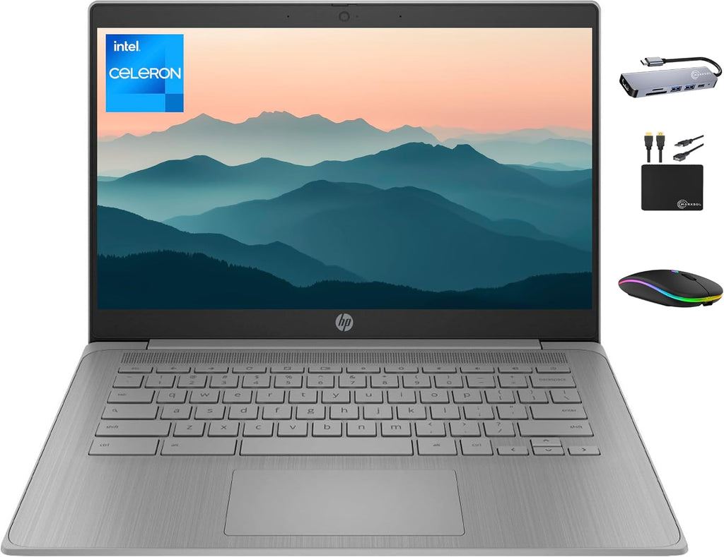 HP Chromebook 2025 Premium 14' HD Laptop Computer Light Slim Business, 4-Core Intel Processor, 4GB RAM, 192GB Storage (64GB eMMC+128GB Card), WiFi, Webcam, Long Battery, Chrome OS +MarxsolAccessory