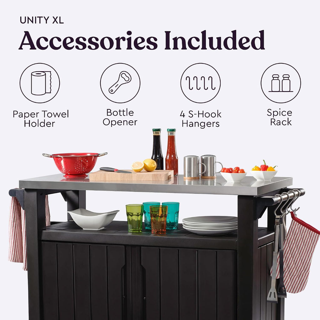 Keter Outdoor Rolling Table Cart for Food Prep, Storage, Bar & Grill, Dark Brown - Portable Kitchen Island Tabletop with Wheels for Drinks, Snacks, and Cooking