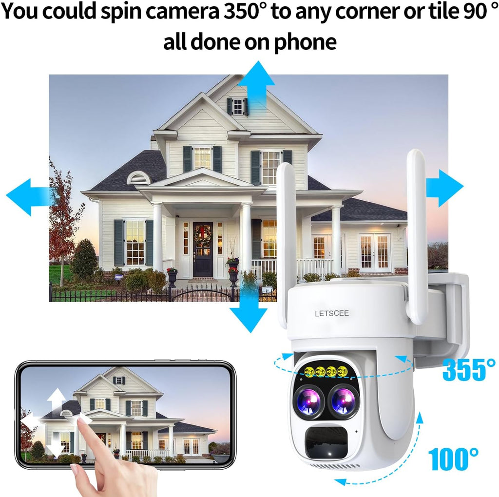 LETSCEE Security Cameras Wirelss Outdoor Solar Powered for Home Security, 360 View Outside Camera,Motion Detection,10x Hybrid Zoom PAN Tile,IP-65 Weather Proof (4 Pack)