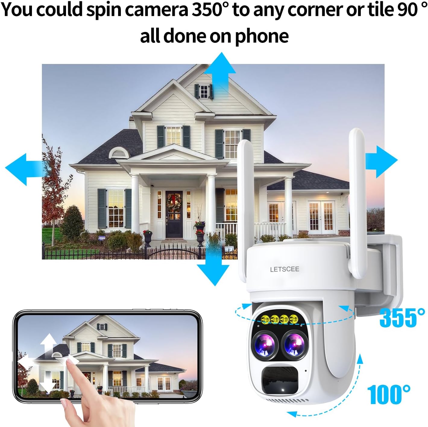 LETSCEE Security Cameras Wirelss Outdoor Solar Powered for Home Security, 360 View Outside Camera,Motion Detection,10x Hybrid Zoom PAN Tile,IP-65 Weather Proof (4 Pack)