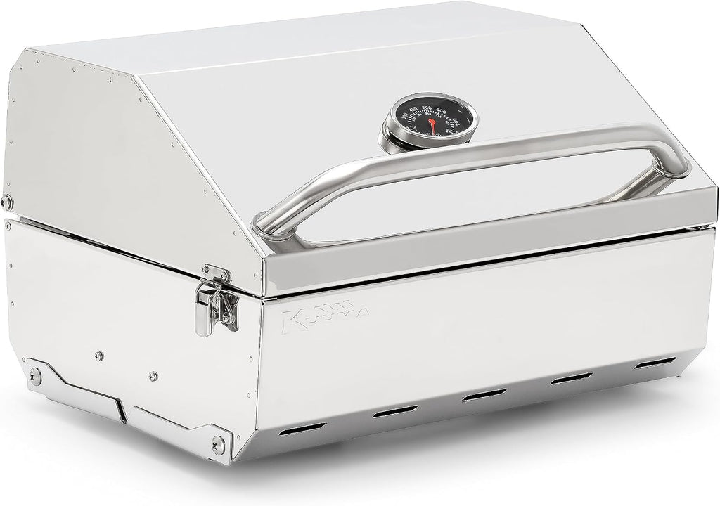 Camco Kuuma Stow N'Go 216 Elite Propane Grill | Features Built-In Thermometer & Push-Button Igniter | Includes Fold Away Legs & Removable Warming Rack | Use as Camping Stove and More (58155)