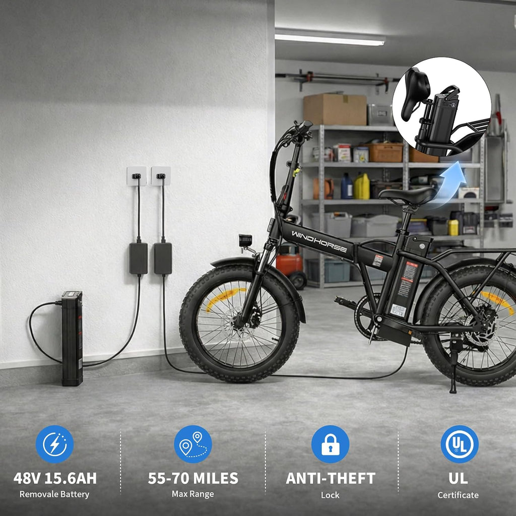 Foldable Electric Bike, Peak 983W Motor Ebike, 40-70 Miles & 20 MPH, 48V Removable Battery, 20' Fat Tire All-Terrain Electric Bicycle for Adults with 7-Speed, Suspension, Rear Rack, UL2849 Certified