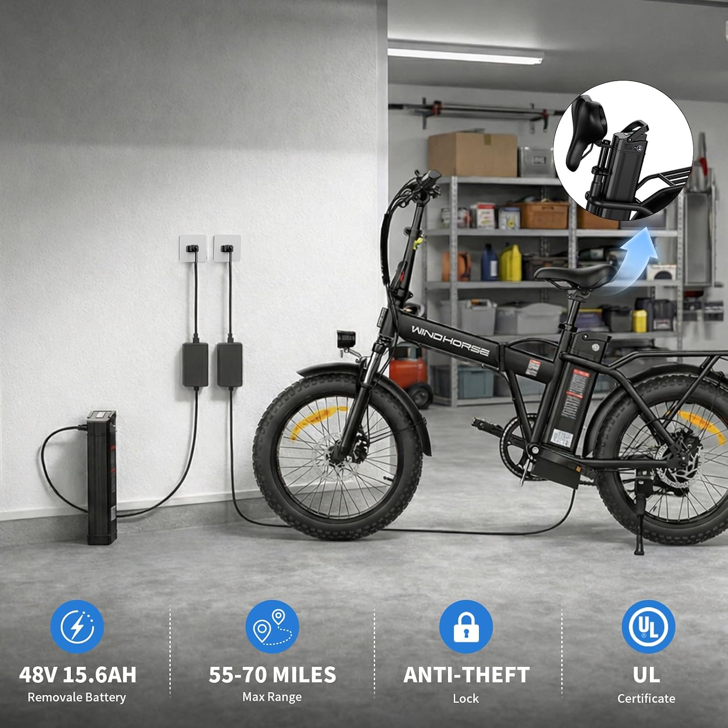 Foldable Electric Bike, Peak 983W Motor Ebike, 40-70 Miles & 20 MPH, 48V Removable Battery, 20' Fat Tire All-Terrain Electric Bicycle for Adults with 7-Speed, Suspension, Rear Rack, UL2849 Certified