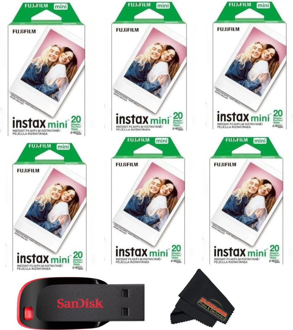 Fujifilm Instax mini Instant Daylight Film (Twin Packs + 32 GB USB Flash Drive) with Sunshine Photo Microfiber Cleaning Cloth... (6 Twin Packs + 32 GB USB Drive)