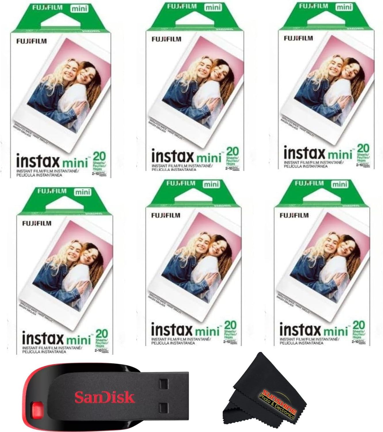 Fujifilm Instax mini Instant Daylight Film (Twin Packs + 32 GB USB Flash Drive) with Sunshine Photo Microfiber Cleaning Cloth... (6 Twin Packs + 32 GB USB Drive)