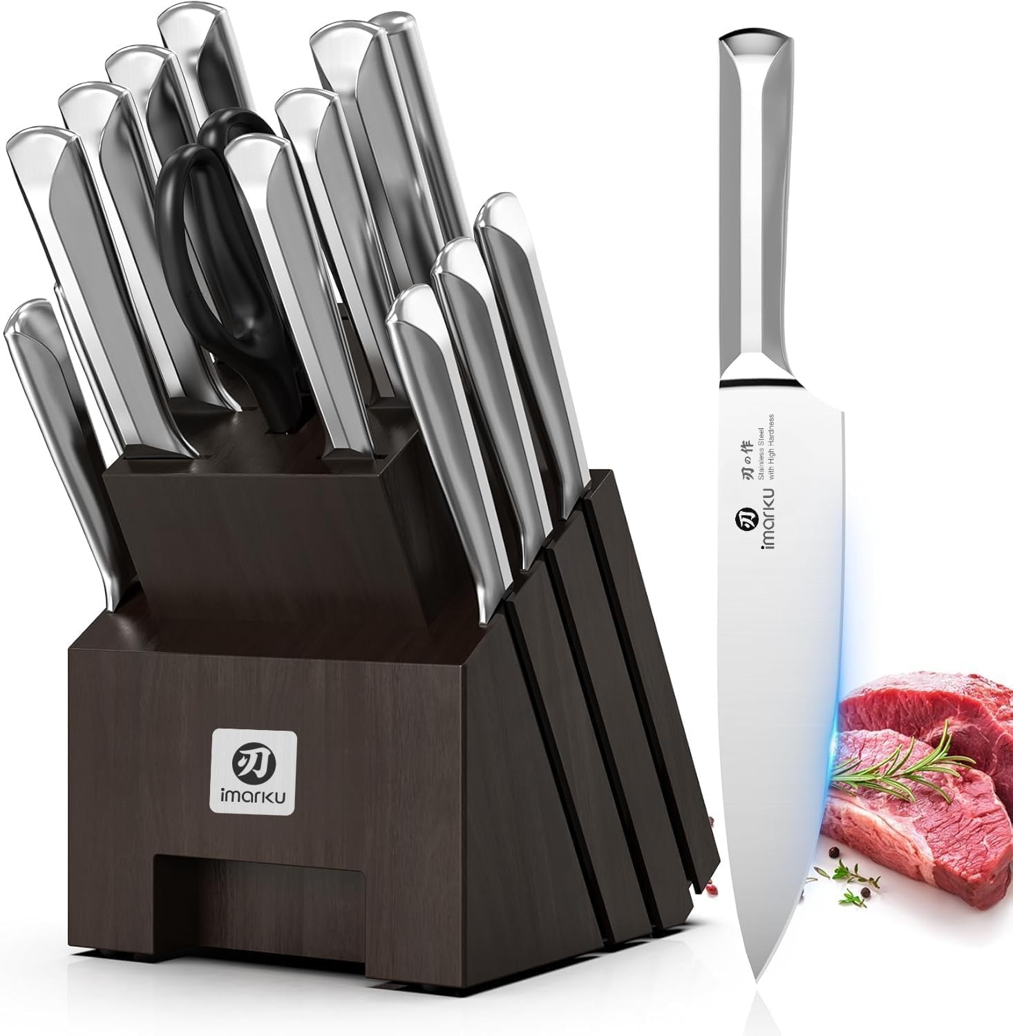 imarku Knife Set, 16Pcs Japanese Knife Set with Block & Built-in Sharpener, High Carbon Stainless Steel Kitchen Knives, Non-Slip Ergonomic Handle, Dishwasher Safe, Home Essentials Perfect for Gifts