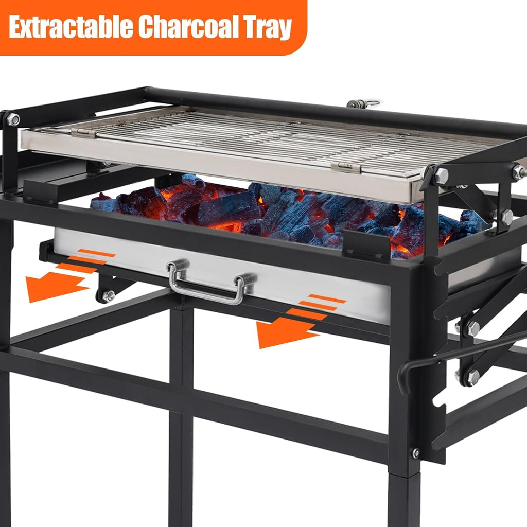 Rotating Grill, BBQ Charcoal Grill with Cart, 360° Rotating Blazefor Flip, Charcoal Flip Grill Blaze for Barbecue, Detachable Grid Stand-Up with Wheels and Adjustable Steel Frame