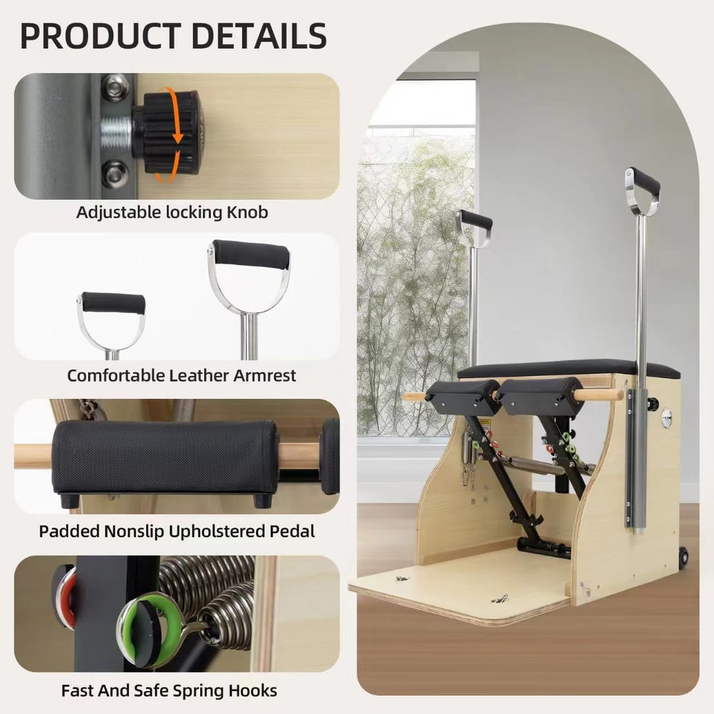 Pilates Chair, Split-Pedal Stability Combo Chair with Handles, Wunda Chair Pilates Machines for Home Use and Studio, 90% Assembled