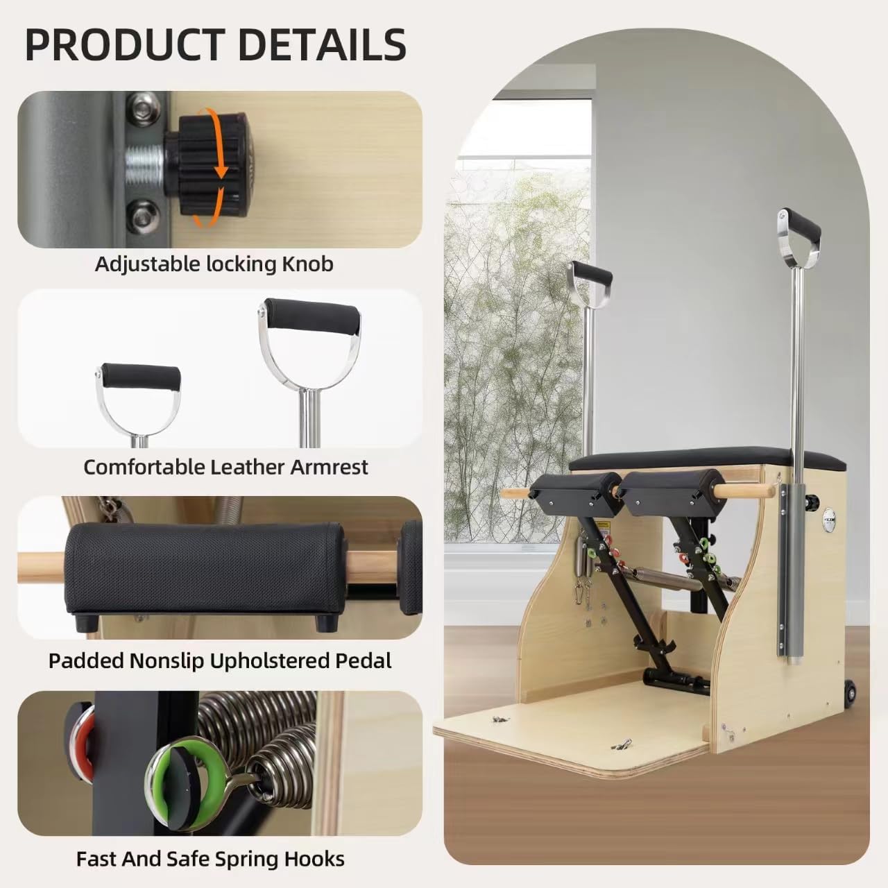 Pilates Chair, Split-Pedal Stability Combo Chair with Handles, Wunda Chair Pilates Machines for Home Use and Studio, 90% Assembled