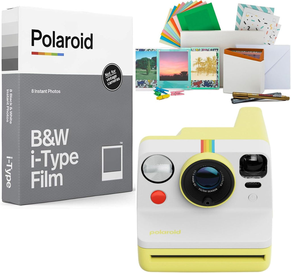 Polaroid Now Generation 3 Analog Instant Camera with Two-Lens Autofocus System (Yellow) Bundle with Film Kit and Polaroid B and W Film for i-Type Cameras (3 Items)
