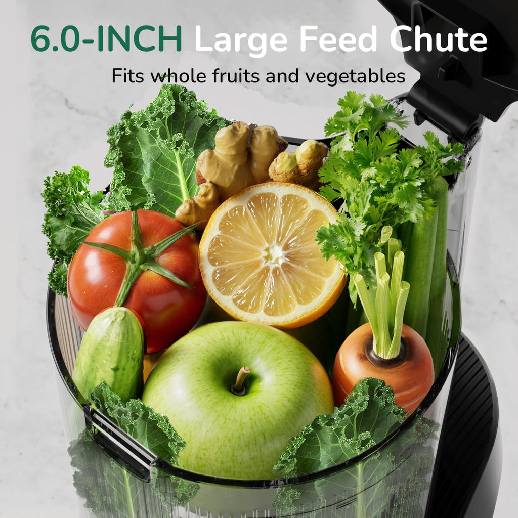 Canoly C16 Cold Press Juicer, 6' Extra Wide Feed Chute, 3-IN-1 Strainers (Juice & Sorbet & Nut Milk), Powerful AC Brushless Motor, Self Precut System, Juicer Machines with BPA-Free (Space Gray)
