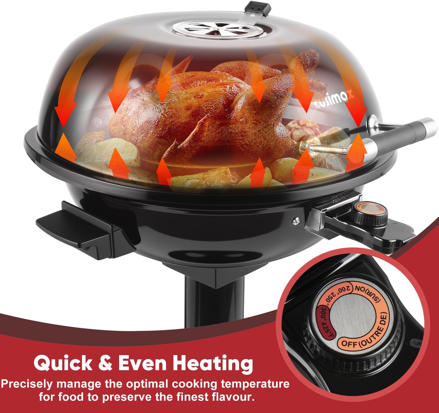 Electric Grill, CUSIMAX Electric Indoor/Outdoor Grill, 1600W Portable BBQ with Lid for Indoor & Outdoor Use, Adjustable Heat, Removable Stand Grill for Cookouts, BBQ Gatherings, Small Spaces