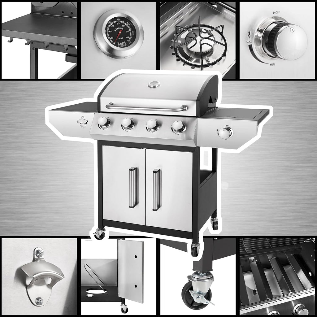 Kendane 4-Burner Propane Gas BBQ Grill with Side Burner, Barbecue Gas Grill with Enameled Cast Iron Grates for Outdoor Patio Garden Barbecue, 53,000 BTU, Stainless Steel Grill Cover included