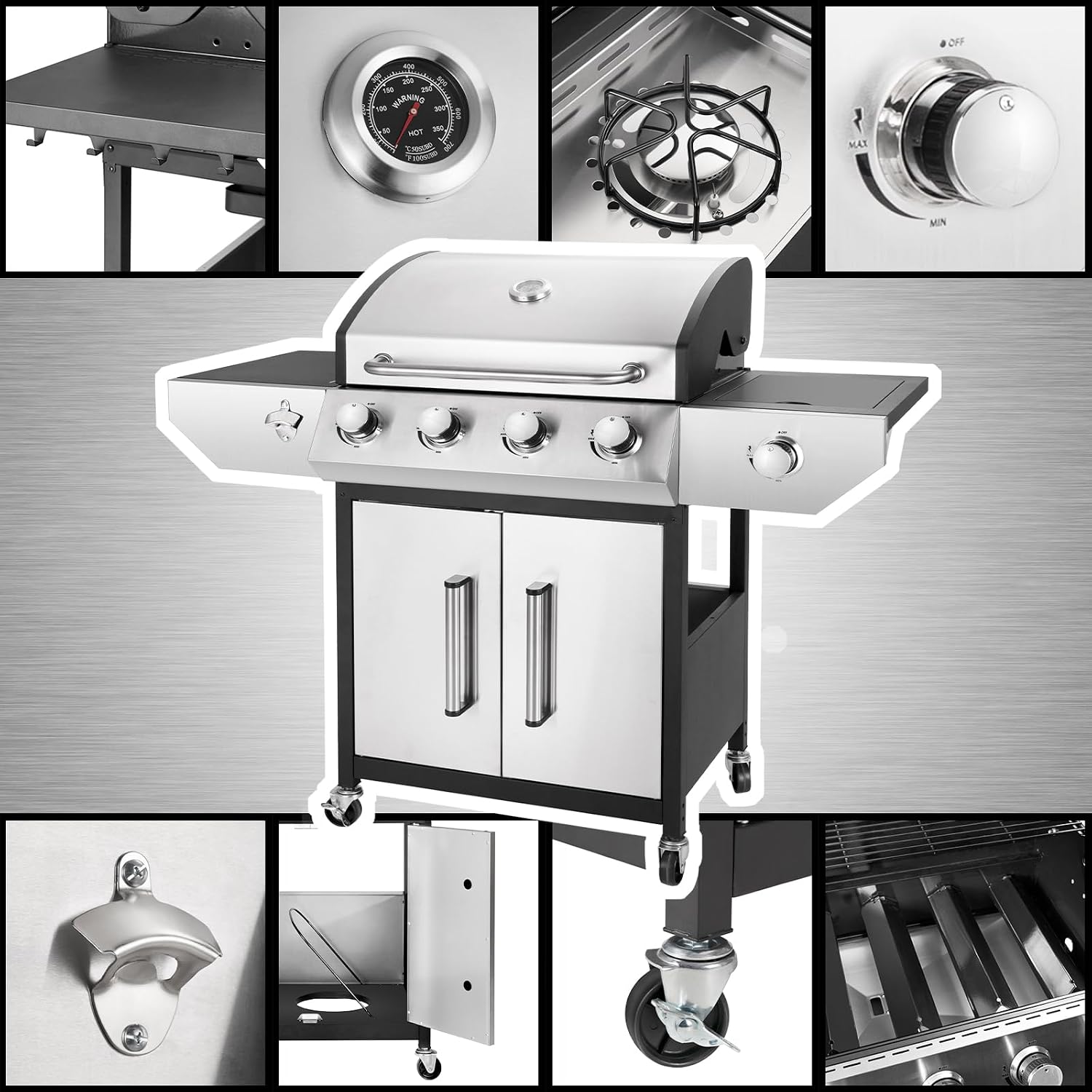 Kendane 4-Burner Propane Gas BBQ Grill with Side Burner, Barbecue Gas Grill with Enameled Cast Iron Grates for Outdoor Patio Garden Barbecue, 53,000 BTU, Stainless Steel Grill Cover included