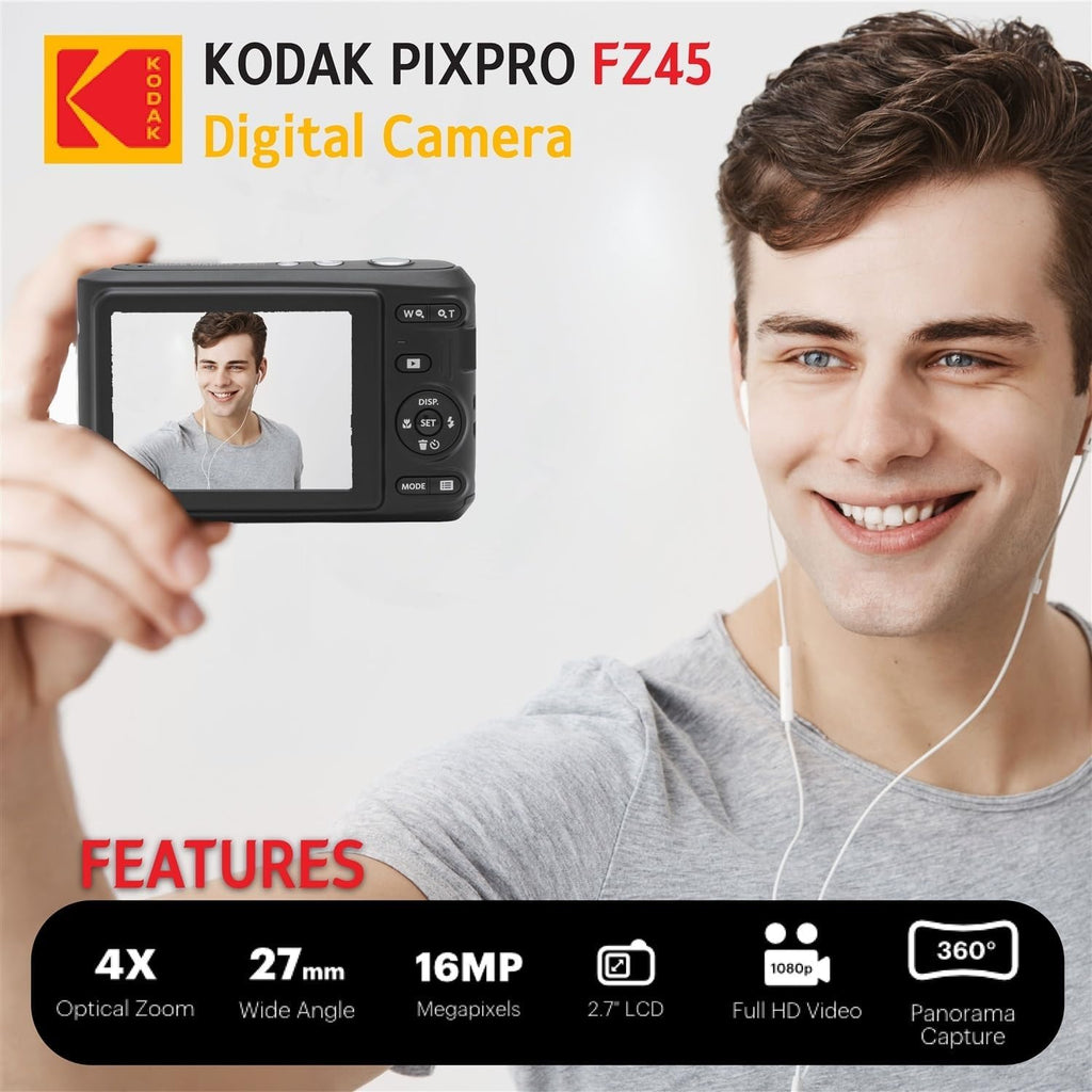KODAK PIXPRO FZ45 16MP Digital Camera with 4X Optical Zoom 27mm Wide Angle and 2.7' LCD Screen Bundle with 32GB SD Memory Card, AA Batteries (4 Pack), Lens Cleaning Cloth (Black)