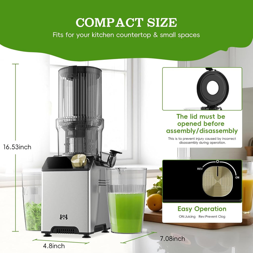 Cold Press Juicer, Juicer Machines with 4.35'' Wide Feed Chute, Stainless Steel Masticating Juicers Easy to Clean, Ergonomic Operational Panel Design, High Juice Yield, Golden Color Knob