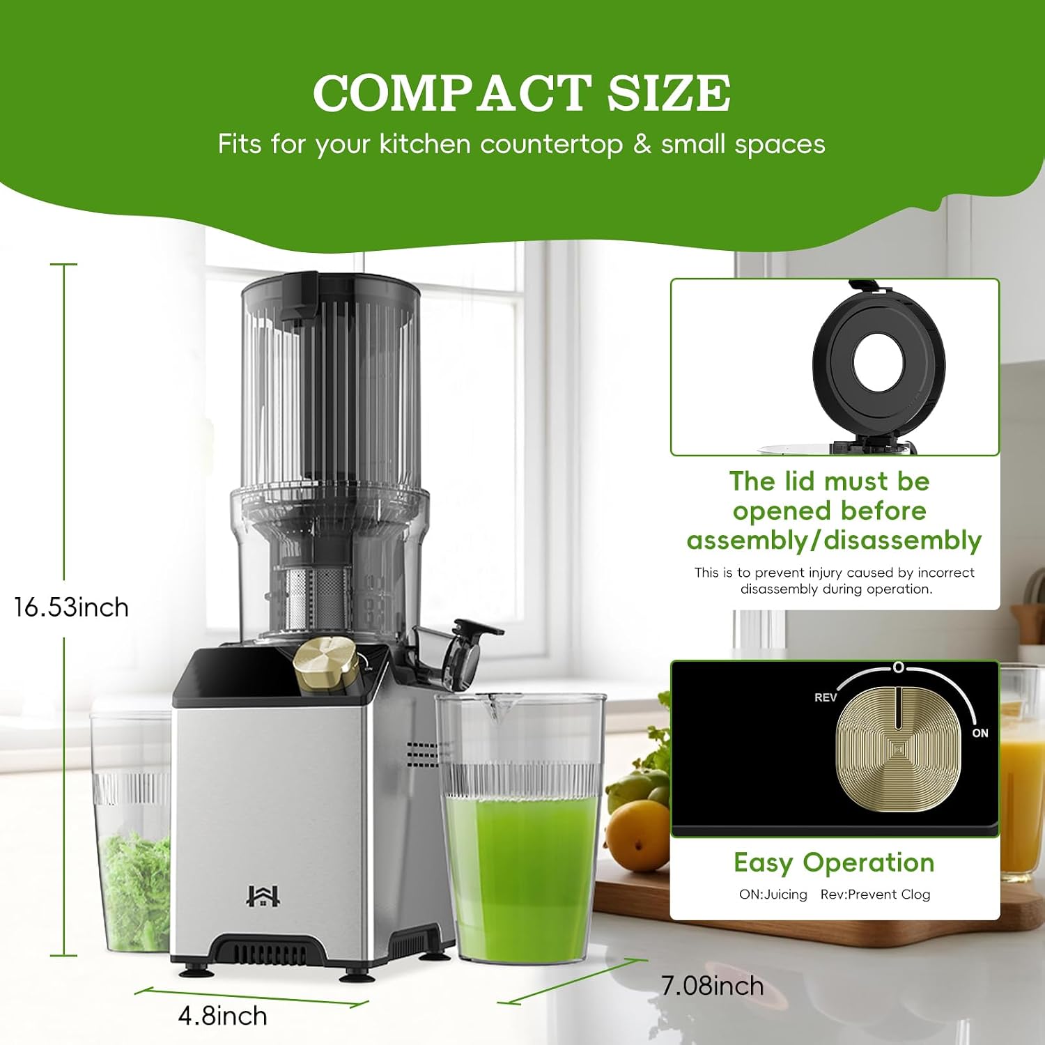 Cold Press Juicer, Juicer Machines with 4.35'' Wide Feed Chute, Stainless Steel Masticating Juicers Easy to Clean, Ergonomic Operational Panel Design, High Juice Yield, Golden Color Knob