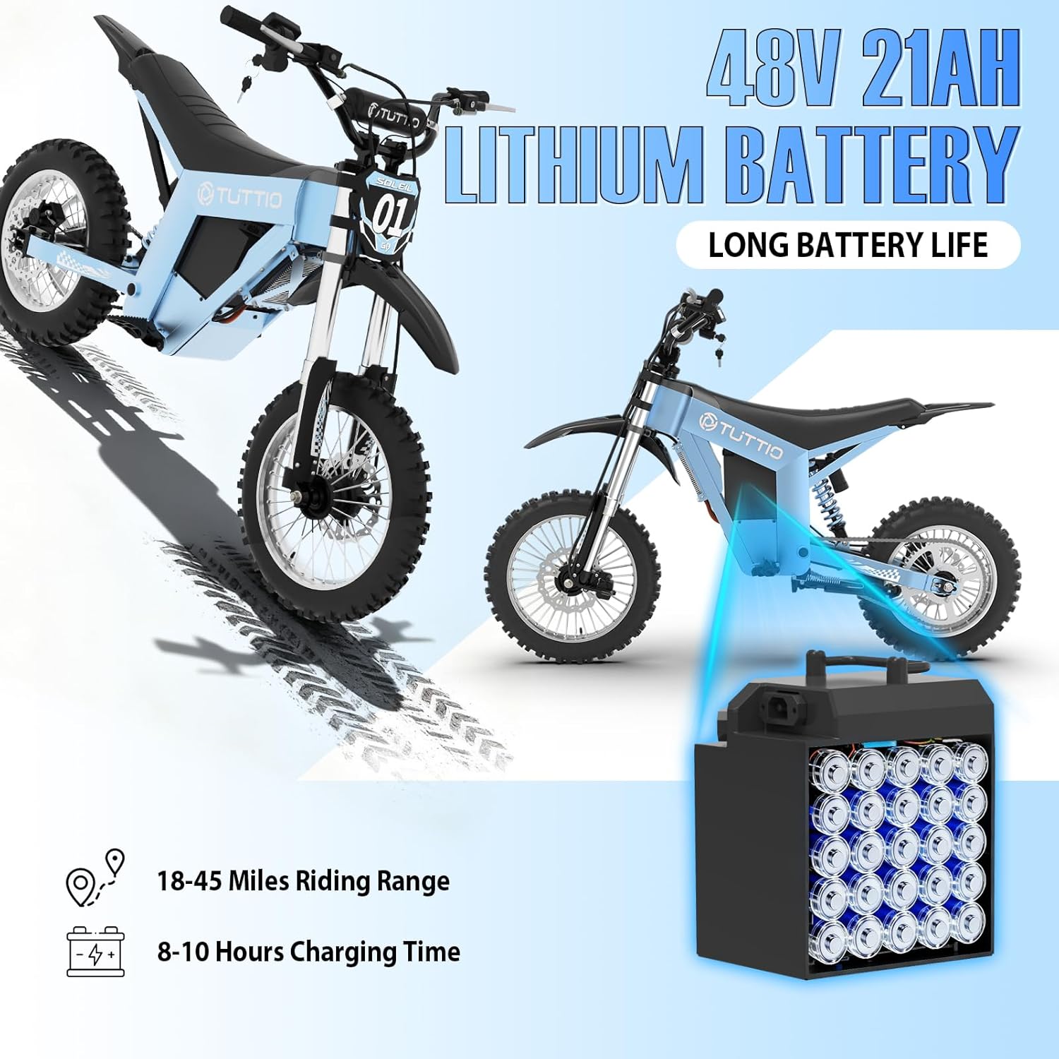 Tuttio Soleil01-GB E-Dirt-Bike - Peak 3000W 37MPH 200NM Electric-Bike with 48V 21Ah Battery, 14'/12' Fat Tire Electric Motocycle with Dual Suspension, Off-Road Ebike for Adults-Teens (USA Warehouse)