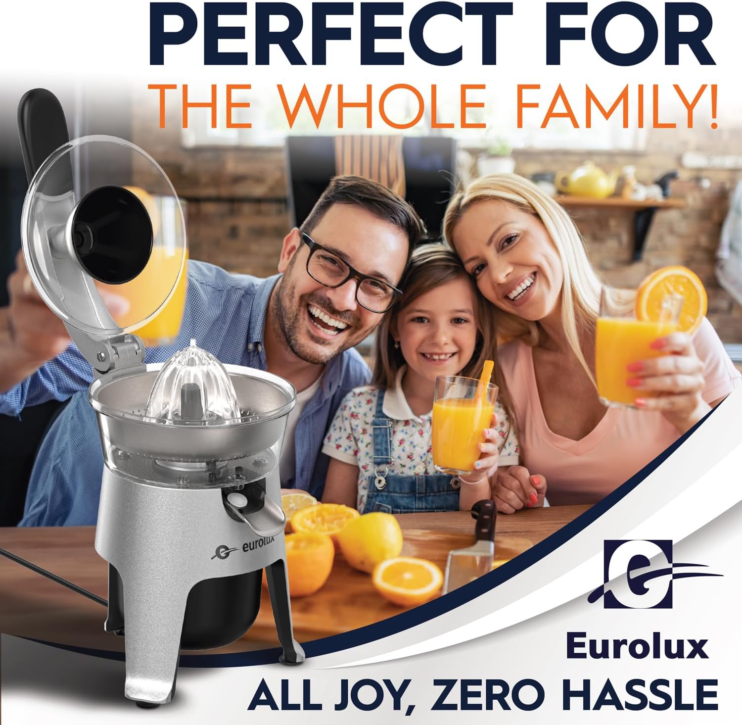Eurolux Die Cast Stainless Steel Electric Citrus Juicer Squeezer, for Orange, Lemon, Grapefruit | 300 Watts of Power, With 2 Stainless Steel Filter Sizes for Pulp Control