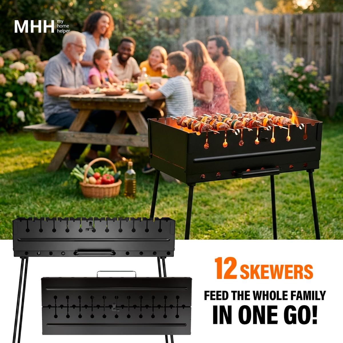 Charcoal Grill for 12 Skewers - Portable Barbecue Camp Grills Mangal Schaschlik - Foldable Metal Mangal - Kebab Shish BBQ for EDC Picnic Outdoor Cooking Camping Hiking (Skewers Not Included)