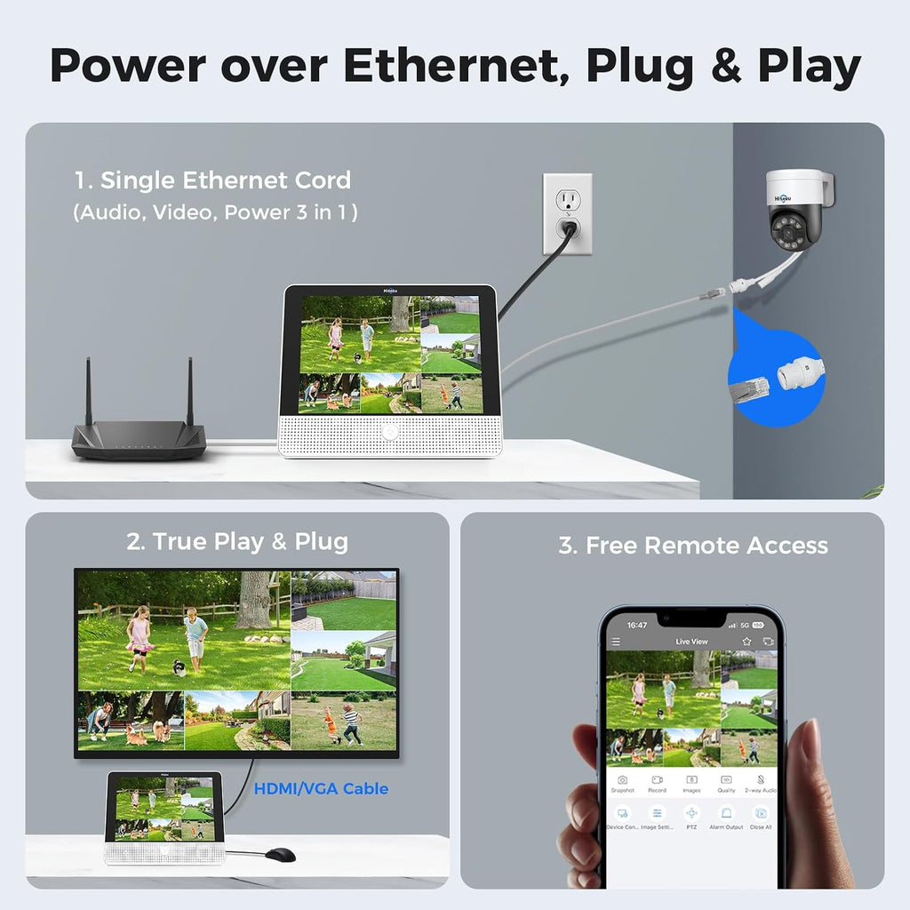 【12'' Monitor + Human Tracking】Hiseeu 4K PoE Security Camera System, 6Pcs 5MP PoE PTZ Security Cameras, All-in-One Monitor, 2-Way Audio, Remote Access, 8MP 16 Channel P oE NVR, Home CCTV Surveillance