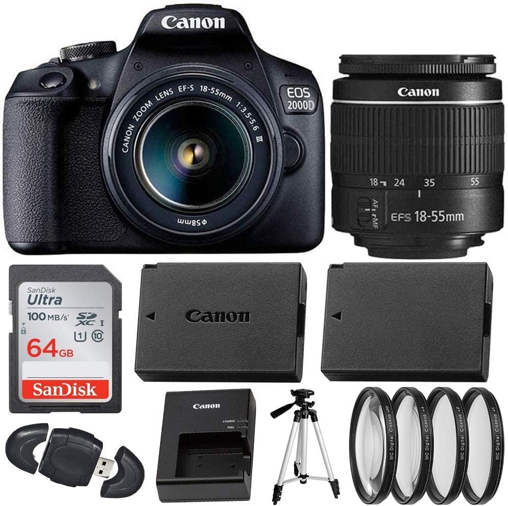 Canon EOS 2000D (Rebel T7) Digital SLR Camera with 18-55mm DC III Lens Kit (International Model) Professional Accessory Black