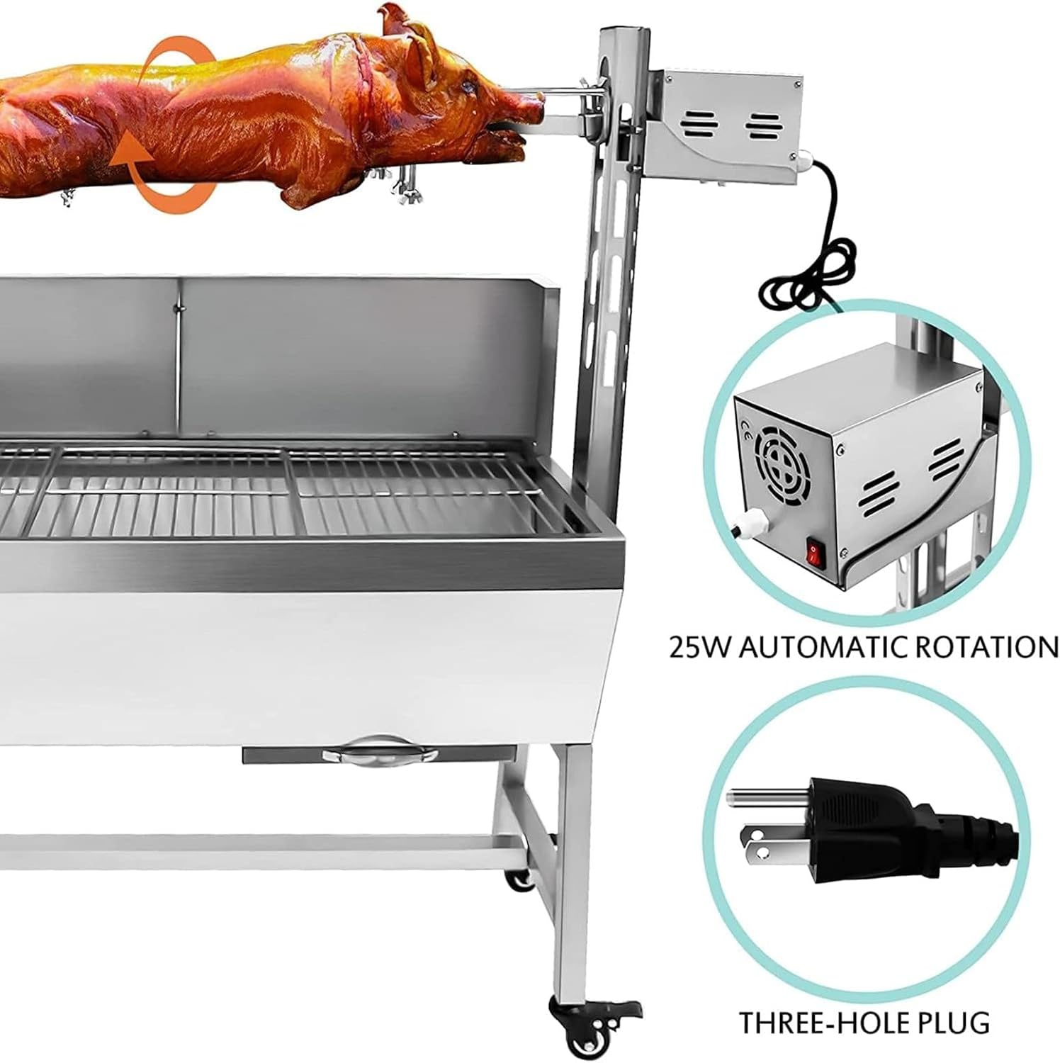 132Lbs Stainless Steel Rotisserie Grill with Back Cover Guard, 25W Motor Small Pig Lamb Rotisserie Roaster, 37 Inch BBQ Charcoal Rotisserie Grill for Camping Outdoor Kitchen