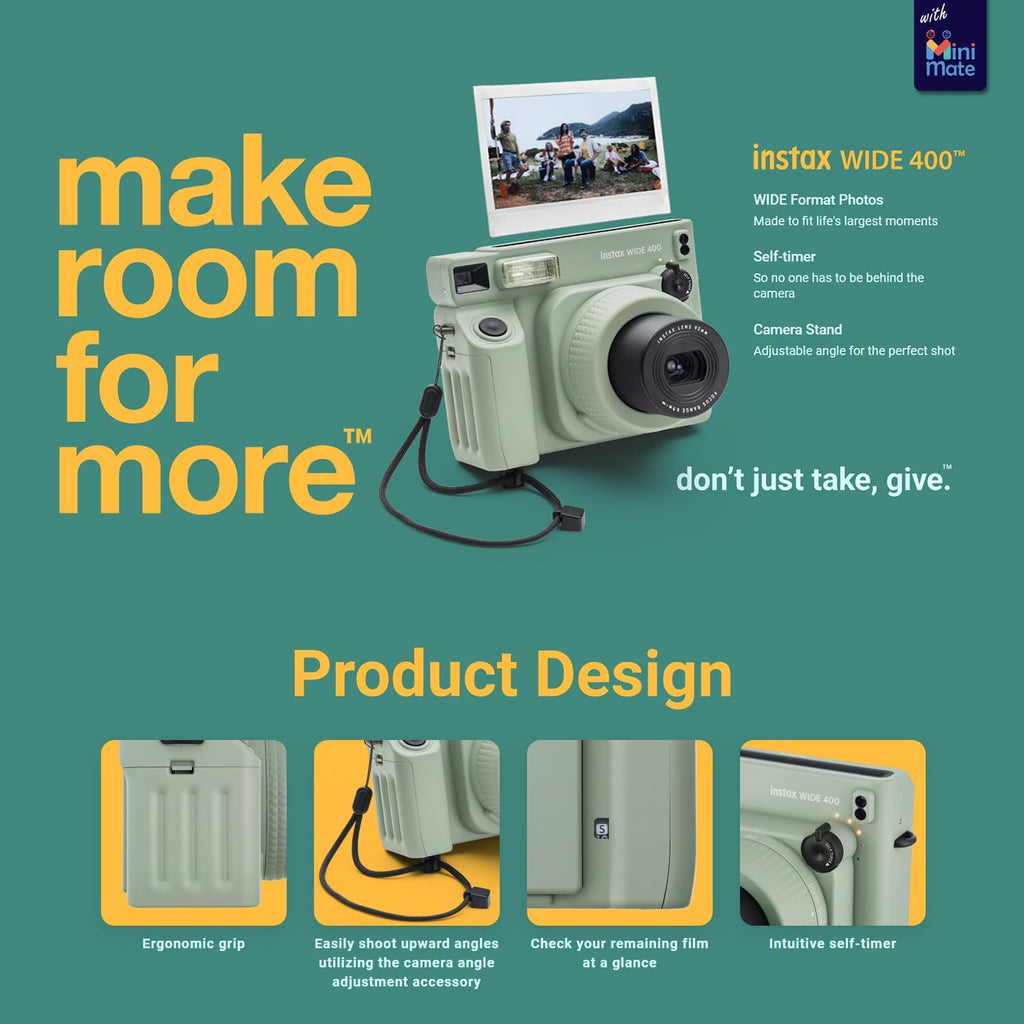 Fujifilm INSTAX Wide 400 Instant Camera Green + MiniMate Accessory Bundle & Compatible Custom Case + Fuji Film Value Pack 20 Sheets Accessories Bundle with Album