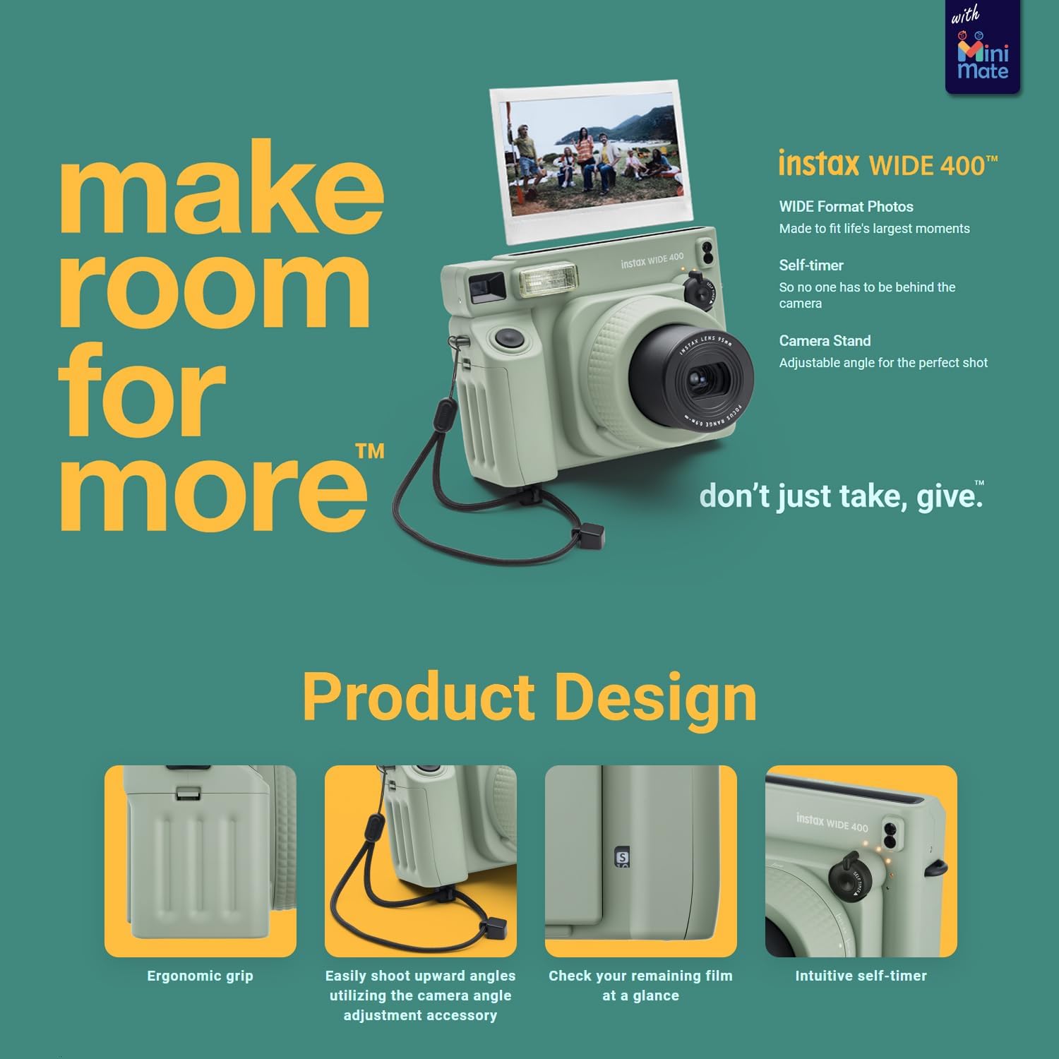 Fujifilm INSTAX Wide 400 Instant Camera Green + MiniMate Accessory Bundle & Compatible Custom Case + Fuji Film Value Pack 20 Sheets Accessories Bundle with Album