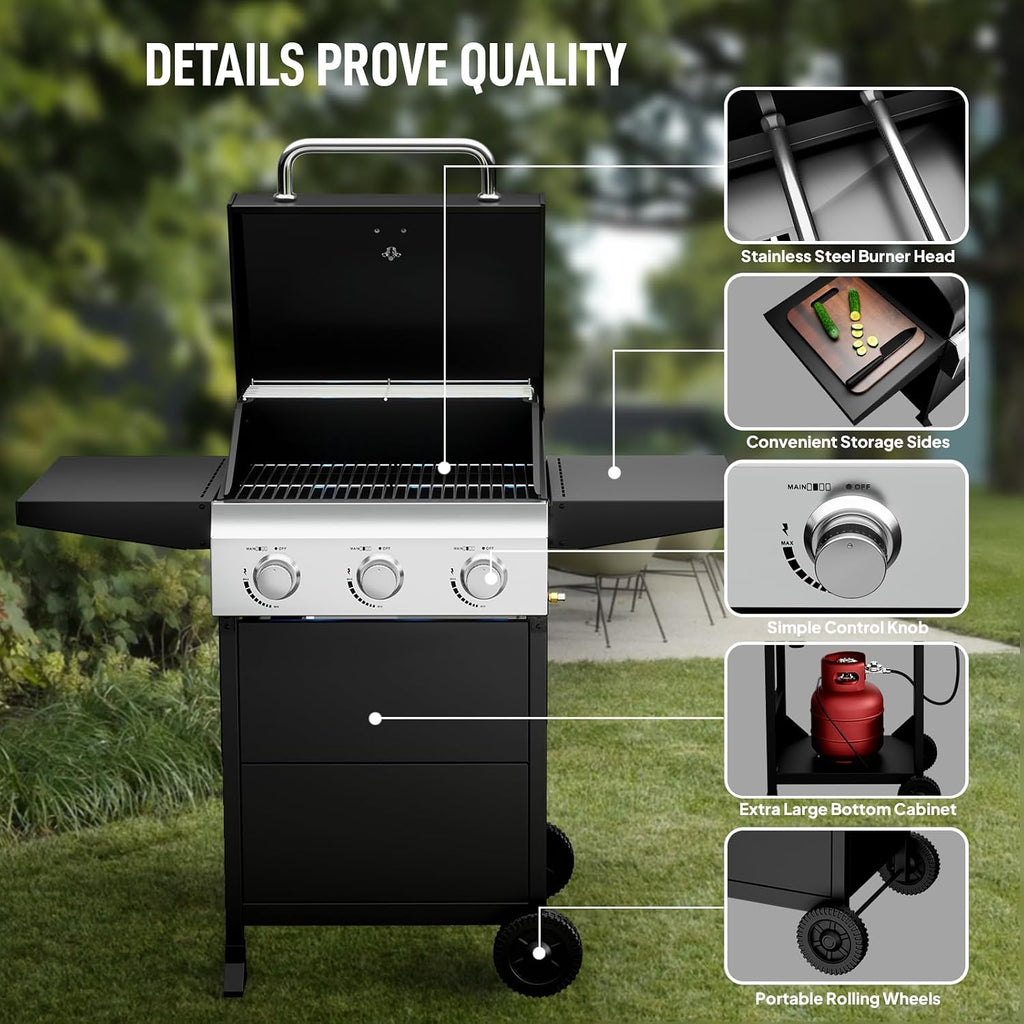 ROVSUN 3-Burner Propane Gas BBQ Grill with Foldable Side Tables & Enameled Cast Iron Grates, 36,000 BTU Barbecue Grill with Portable Wheels for Outdoor Patio Backyard Cooking Grilling, Black