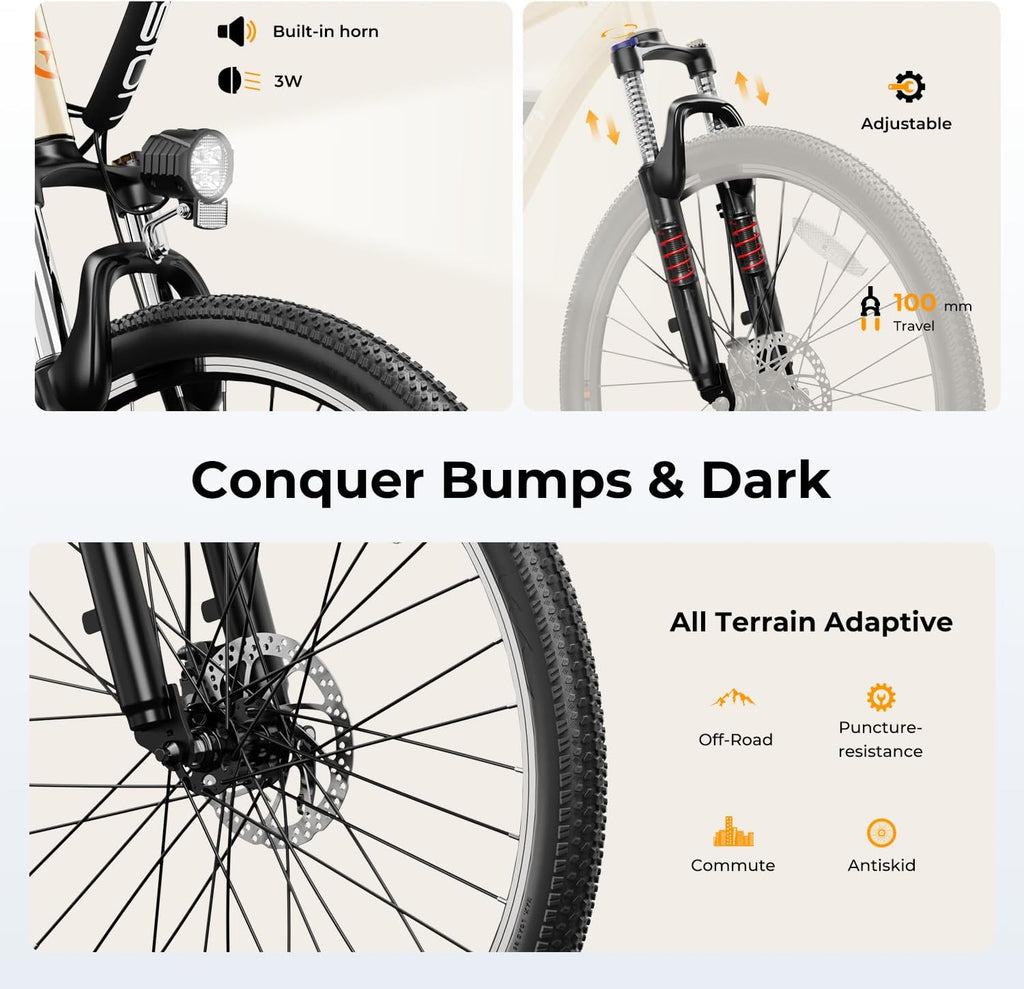 Jasion EB5 Electric Bike for Adults with Peak 750W Brushless Motor, 40Miles 20MPH Commuting Electric Mountain Bike with 360Wh Removable Battery, 7-Speed, 26' Tires and Front Fork Suspension