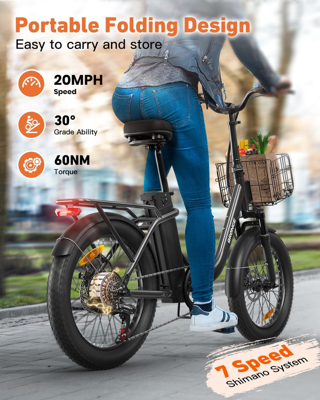 QRONGE Electric Bike, 1000W Peak Folding Electric Bike, 486Wh 70 Miles Range Ebike, 20' Step-Thru Bicycle with Front Basket, Waterproof Removable Battery, 7 Speed, 25 MPH Max