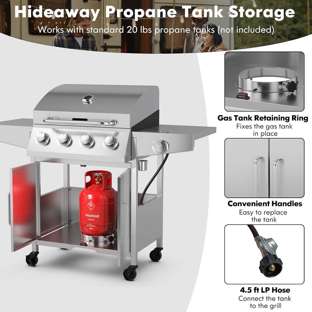 Giantex Propane Gas Grill 50,000 BTU, 4 Main Burners, 1 Side Burner, 2 Prep Tables, Stainless Steel Heavy-Duty BBQ Grill with 4 Wheels for Backyard Party Outdoor Cooking