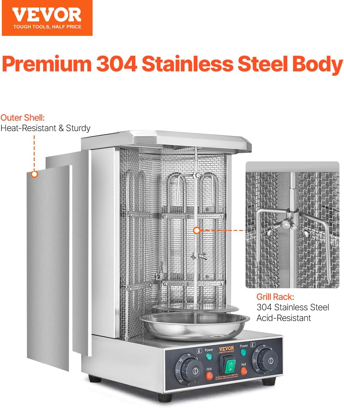 VEVOR Shawarma Grill Machine, 122°F-572°F, 13lbs Capacity, Chicken Shawarma Cooker Machine with 2 Burners, Stainless Steel, Electric Vertical Broiler Gyro Rotisserie Oven for Home and Commercial Use