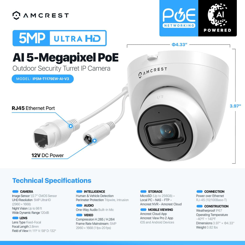 Amcrest 2-Pack 5MP UltraHD Outdoor Security IP Turret PoE Camera with Mic/Audio, 5-Megapixel, 98ft NightVision, 132° FOV, IP67 Weatherproof, MicroSD Recording (256GB), 2PACK-IP5M-T1179EW-AI-V3 White