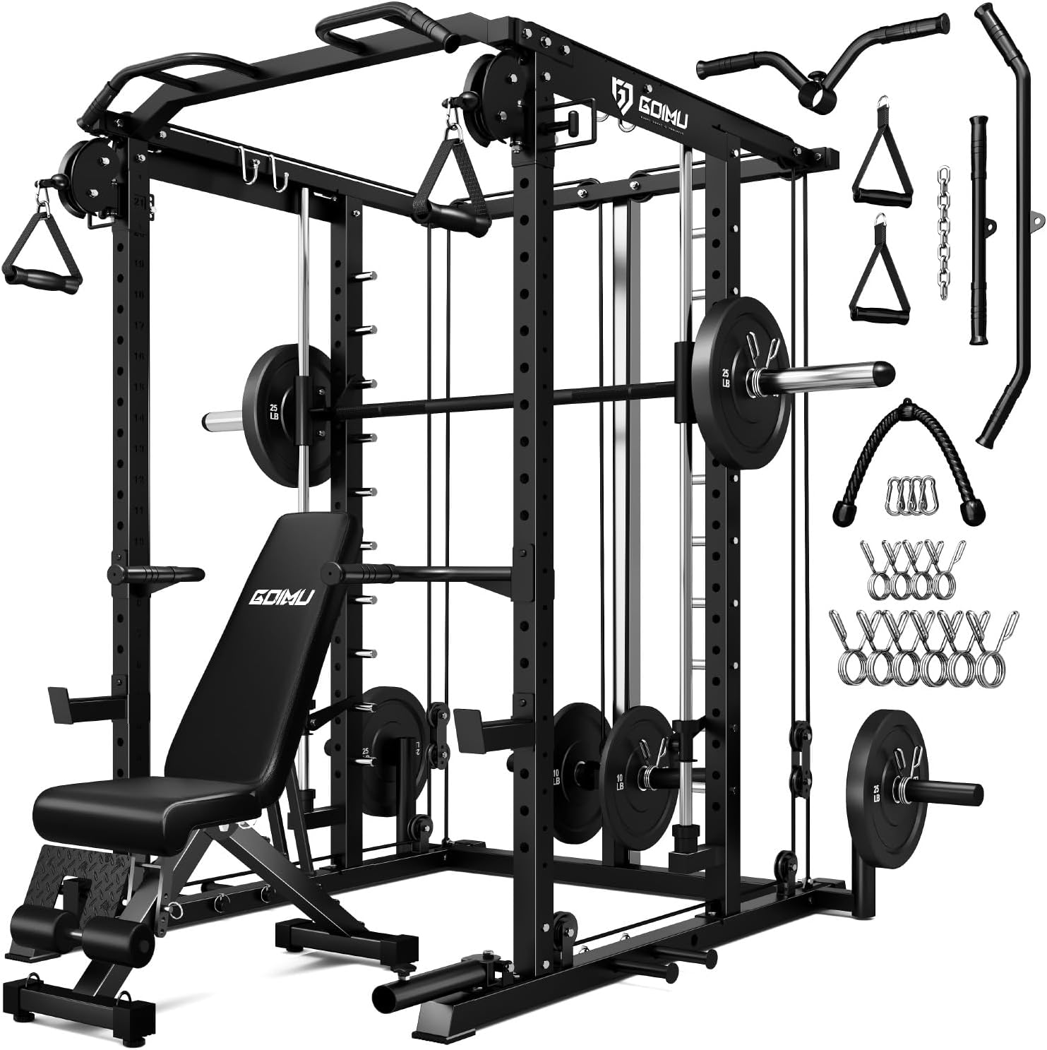 S1-V4 Smith Machine, 2000LBS Power Cage with Cable Crossover System, All-in-One Squat Rack with Smith Bar, Strength Training Equipment for Hone Gym