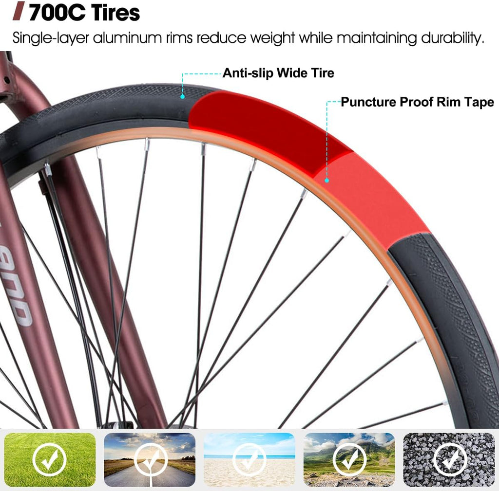 HILAND 700C Road Hybrid Bike, 7 speeds Bikes Urban City Commuter Bicycle with Disc Brake for Men Women Adult Comfortable Bicycle