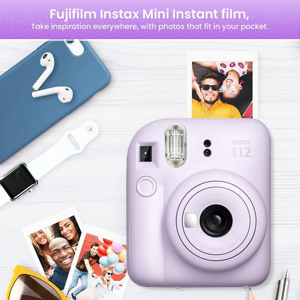 FUJIFILM INSTAX Mini 12 Holiday Bundle 2025 | with Extra Instax Mini Film + 4 Pk AA Batteries & Sunshine Photo Microfiber Cleaning Cloth (10 Items) (20 Sheets, Lilac Purple)