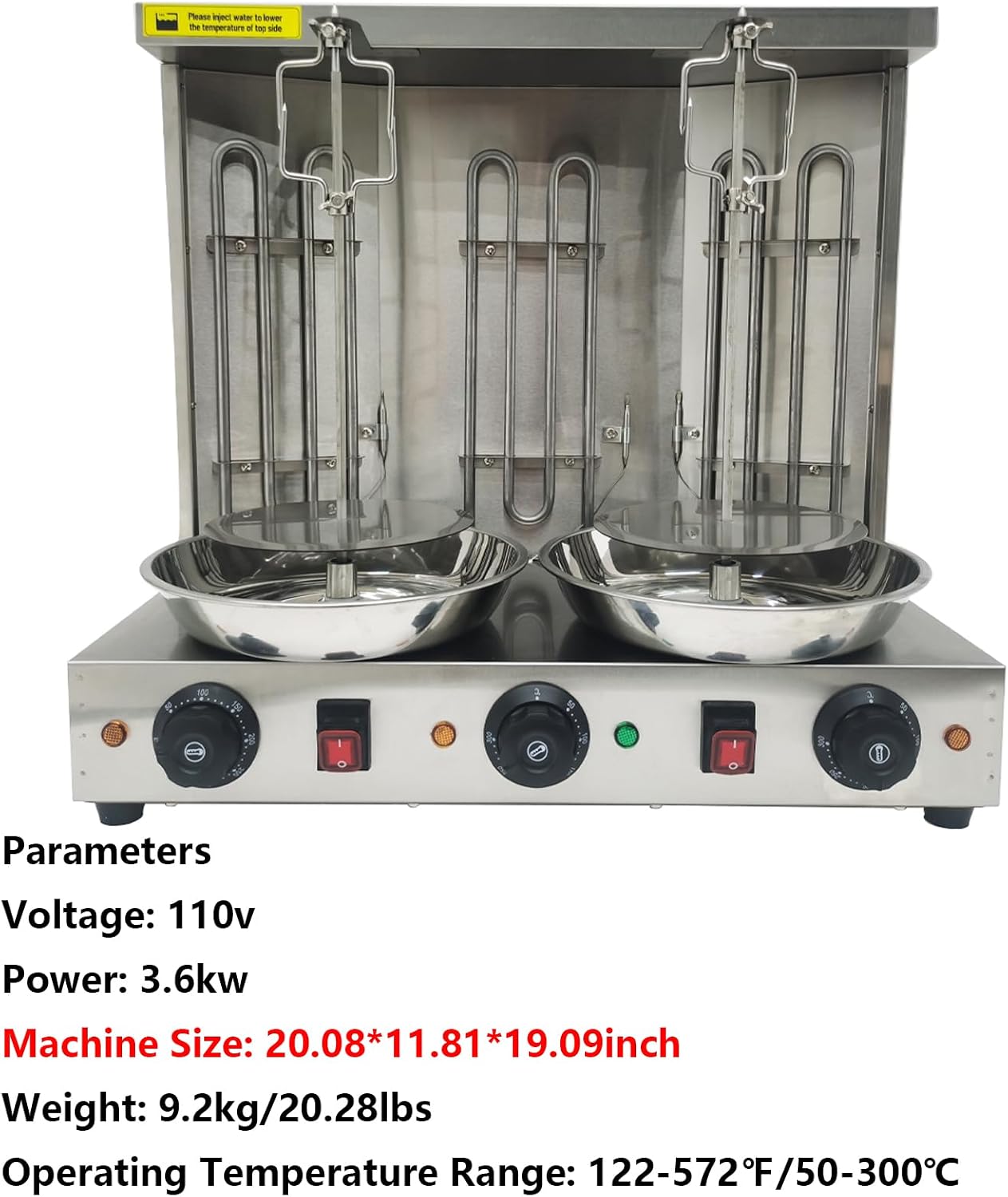 Electric Shawarma Grill Machine with 3 Burners Electric Turkish Barbecue Machine Vertical Rotating Broiler for Commercial and Home Use 110V 3600W