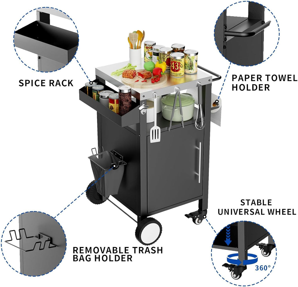 Outdoor Grill Cart with Storage, Stainless Steel Top, Movable Patio Kitchen Island, Rolling BBQ Cart, Dining Serving Cart for Family Party, Food and Others Prep Station, Black