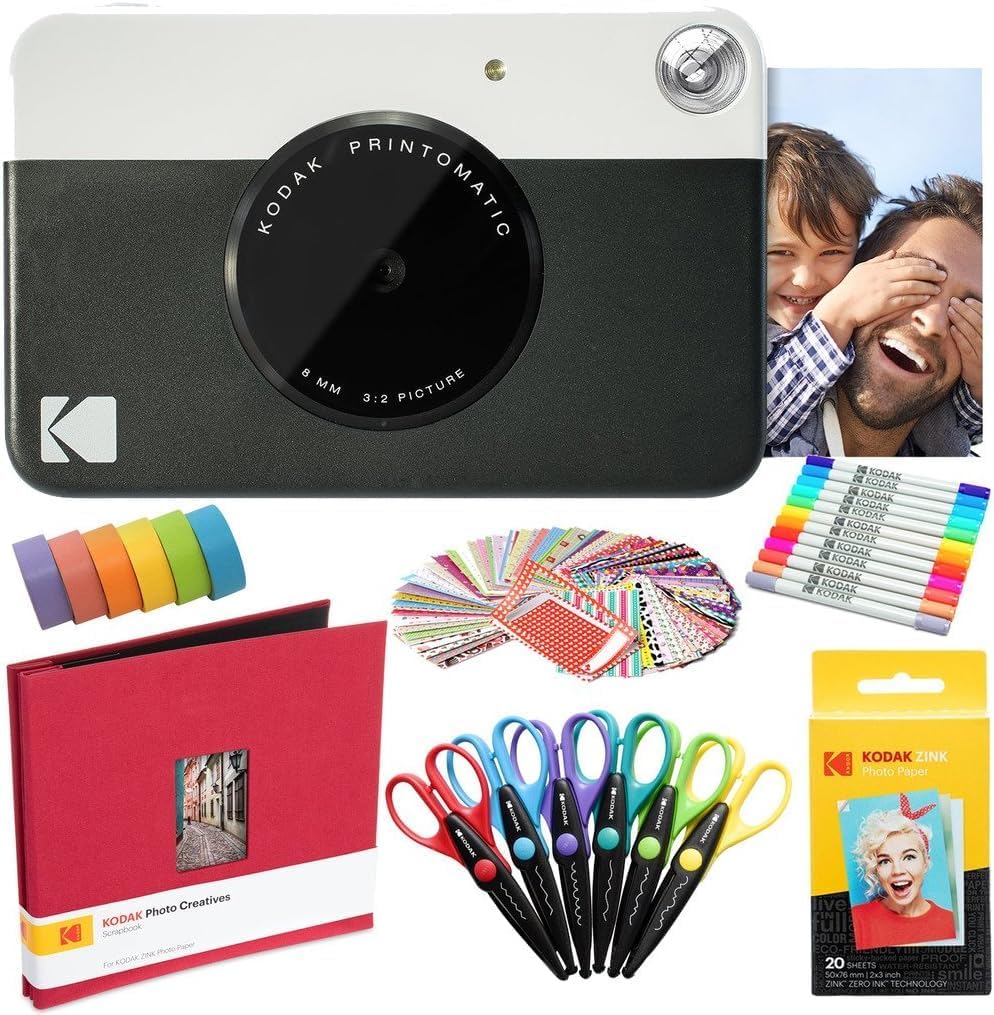 Kodak Printomatic Instant Camera (Black) Art Bundle + Zink Paper (20 Sheets) + 8x8 Cloth Scrapbook + 12 Twin Tip Markers + 100 Border Stickers + 6 Decorative Scissors + Washi Tape