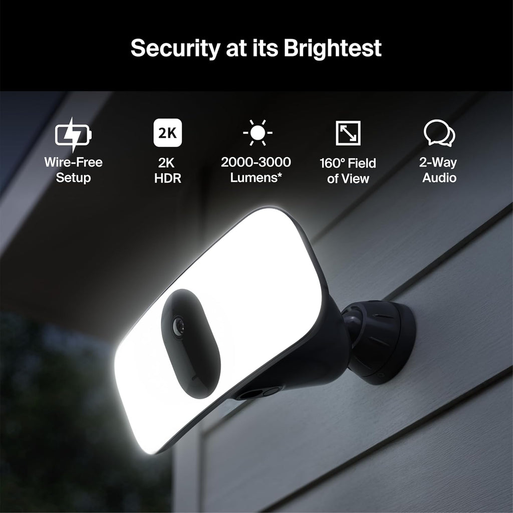 Floodlight Security Camera Wireless Outdoor 2K No Wiring - Arlo Pro 3, Rechargeable Battery, WiFi, Up to 3000 Lumens LED, Person & Vehicle Recognition, Package Detection, Color Night Vision, Black