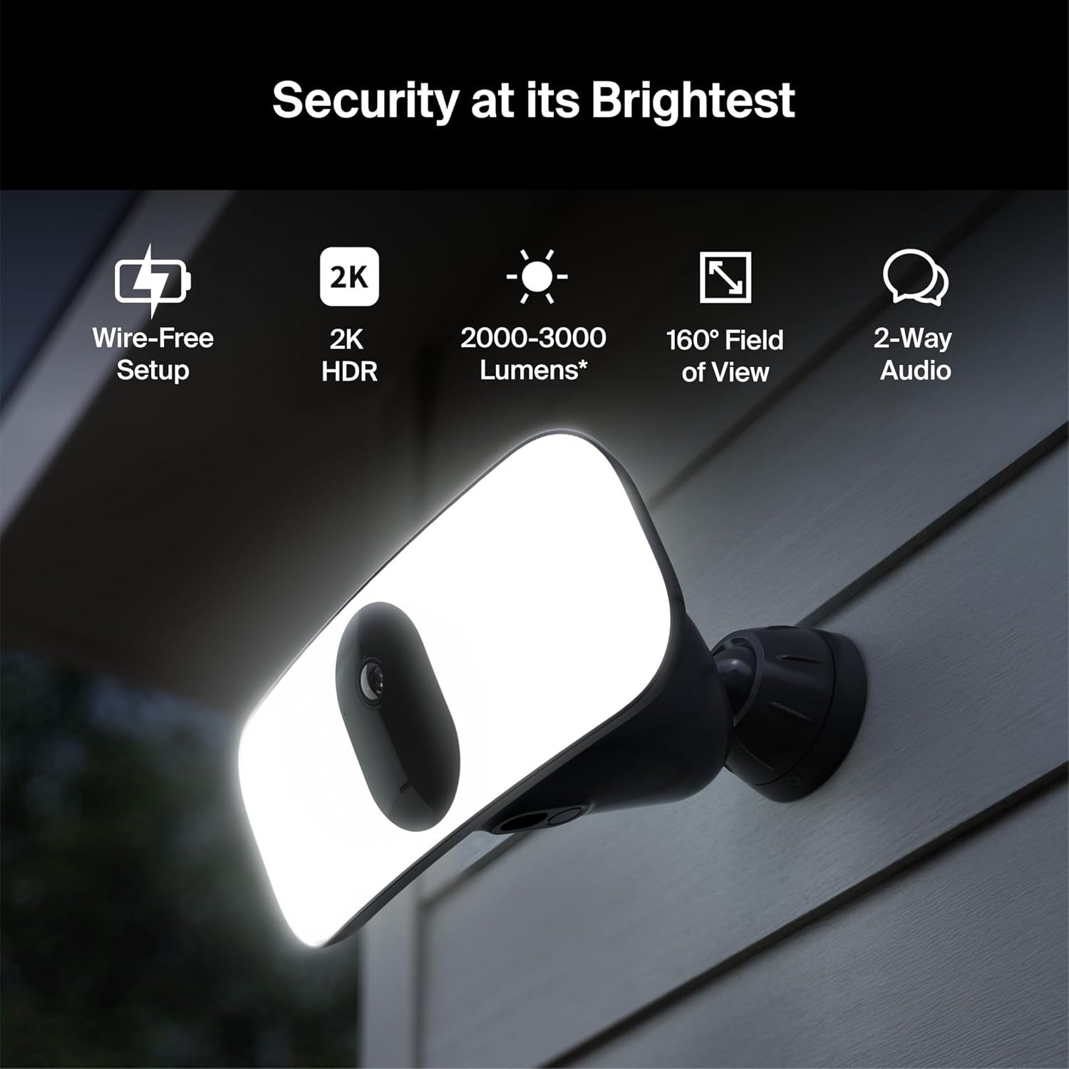Floodlight Security Camera Wireless Outdoor 2K No Wiring - Arlo Pro 3, Rechargeable Battery, WiFi, Up to 3000 Lumens LED, Person & Vehicle Recognition, Package Detection, Color Night Vision, Black